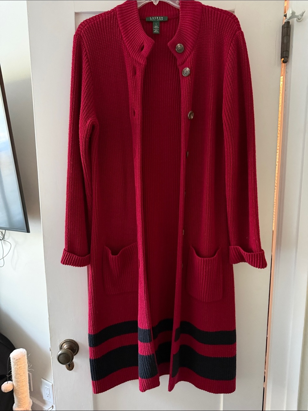 Lauren Ralph Lauren Red Long Ribbed Cardigan with Black Hem Stripes